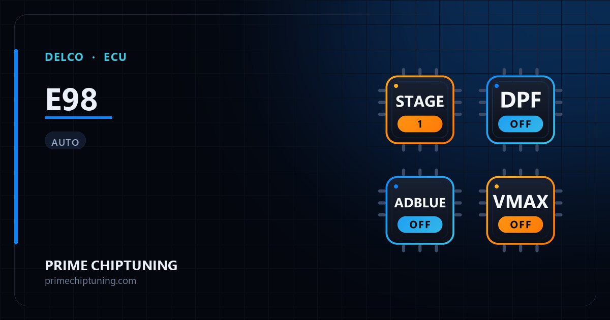 الحلول المتاحة لعائلة ECU DELCO E98: إعادة برمجة Stage 1 (المرحلة الأولى), إلغاء فلتر جسيمات الديزل (DPF), إلغاء نظام AdBlue / SCR, إلغاء محدد السرعة (Vmax)
