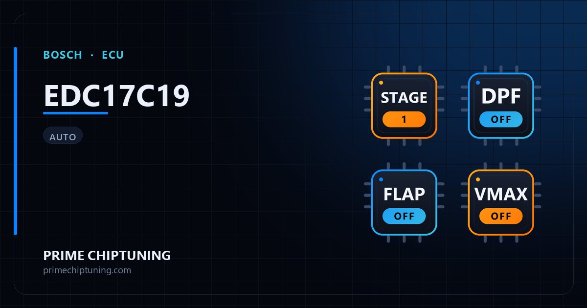 الحلول المتاحة لعائلة ECU BOSCH EDC17C19: إعادة برمجة Stage 1 (المرحلة الأولى), إلغاء فلتر جسيمات الديزل (DPF), إلغاء بوابات الدوامة (Swirl Flap), إلغاء محدد السرعة (Vmax)