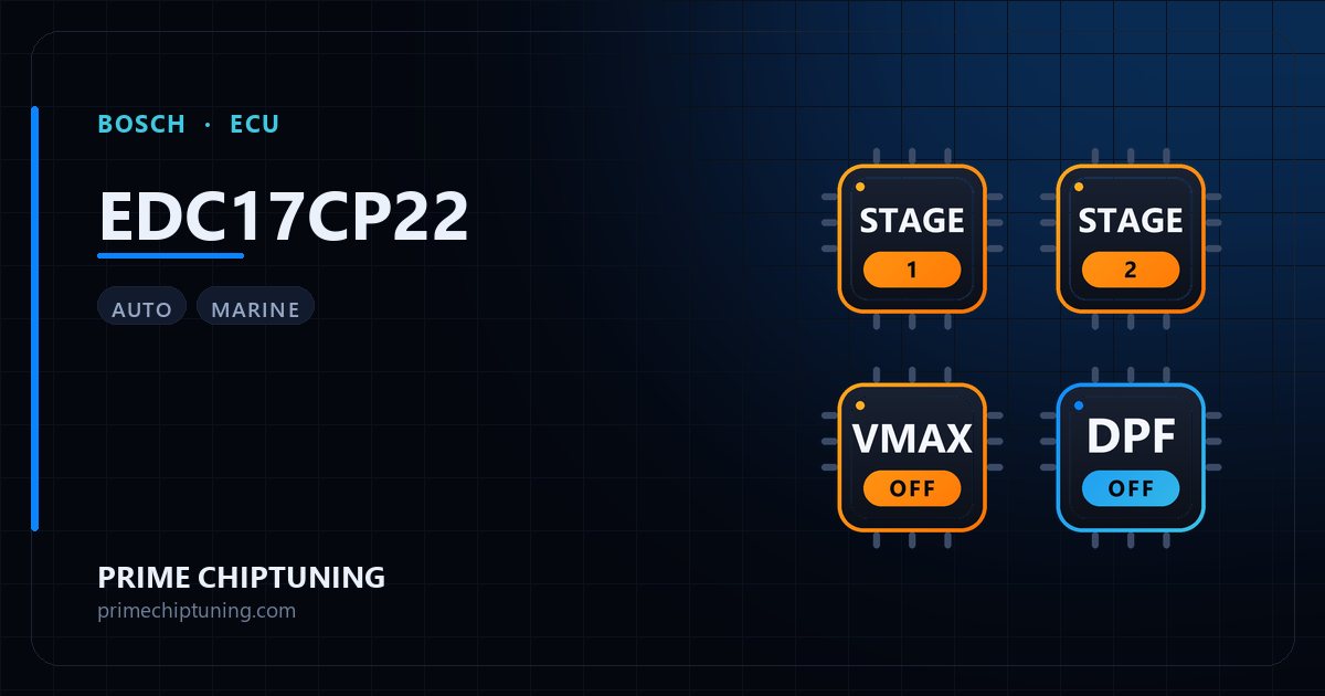 Available solutions for the BOSCH EDC17CP22 ECU family: Stage 1 Remap, Speed Limiter (Vmax) Removal, Stage 2 Remap, DPF Delete