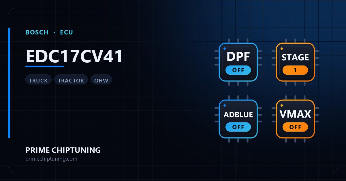 Verfügbare Lösungen für die ECU-Familie BOSCH EDC17CV41: DPF-Deaktivierung, Stage 1 Chiptuning, AdBlue-/SCR-Deaktivierung, Vmax-Aufhebung