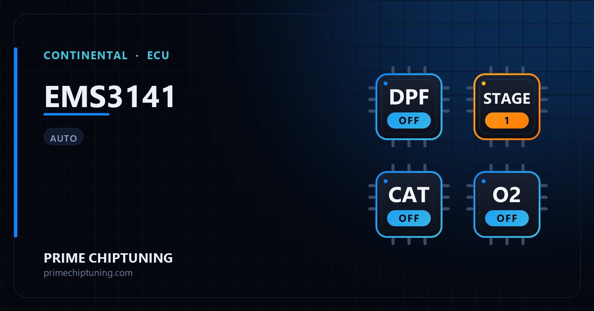 Solutions disponibles pour la famille d'ECU CONTINENTAL EMS3141 : Suppression FAP (DPF), Reprogrammation Stage 1, Décata / Suppression catalyseur, Suppression sonde Lambda / O2