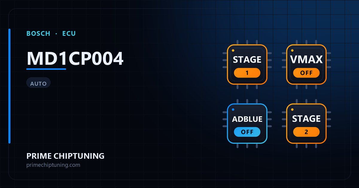 Available solutions for the BOSCH MD1CP004 ECU family: Stage 1 Remap, Speed Limiter (Vmax) Removal, AdBlue / SCR Delete, EGR Delete