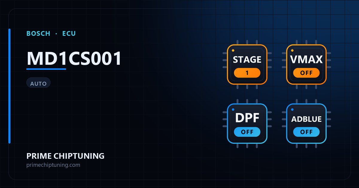 Available solutions for the BOSCH MD1CS001 ECU family: Stage 1 Remap, Speed Limiter (Vmax) Removal, DPF Delete, EGR Delete