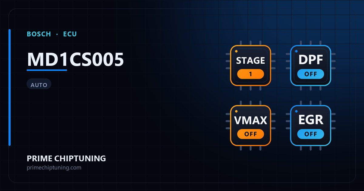 Available solutions for the BOSCH MD1CS005 ECU family: Stage 1 Remap, DPF Delete, Speed Limiter (Vmax) Removal, EGR Delete