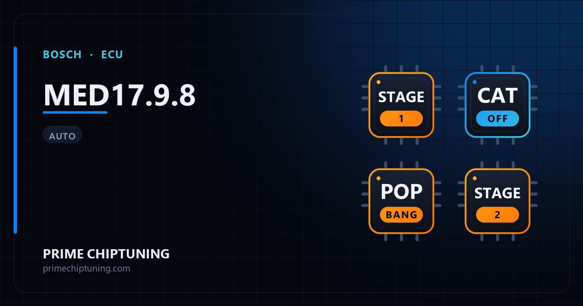 BOSCH MED17.9.8 ECU ailesi için mevcut çözümler: Stage 1 Yazılım, Pop & Bang, Stage 2 Yazılım, Katalizör (Decat) İptali
