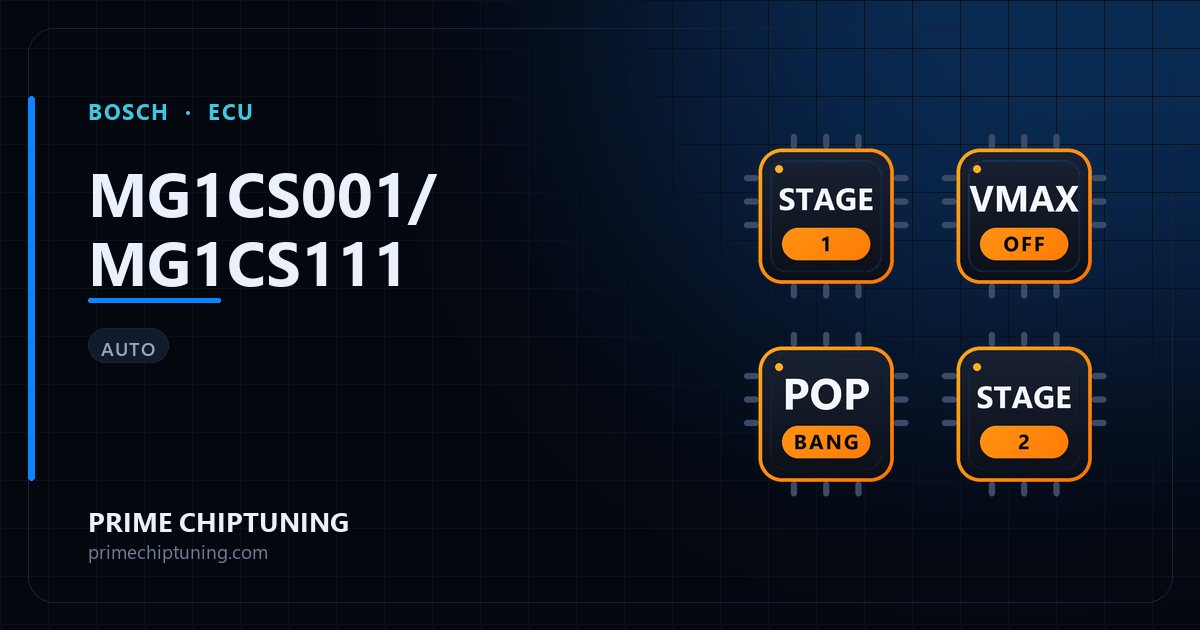 Available solutions for the BOSCH MG1CS001/MG1CS111 ECU family: Stage 1 Remap, Speed Limiter (Vmax) Removal, Pop & Bang, Stage 2 Remap