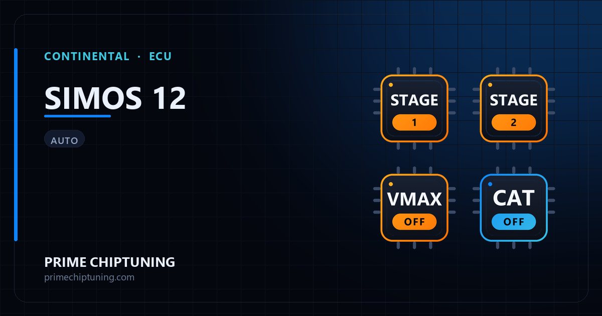 الحلول المتاحة لعائلة ECU CONTINENTAL SIMOS 12: إعادة برمجة Stage 1 (المرحلة الأولى), إعادة برمجة Stage 2 (المرحلة الثانية), إلغاء محدد السرعة (Vmax), إلغاء المحول الحفاز (Decat)