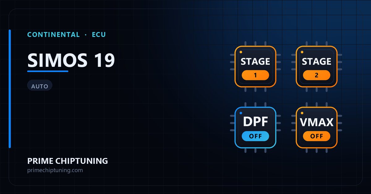 الحلول المتاحة لعائلة ECU CONTINENTAL SIMOS 19: إعادة برمجة Stage 1 (المرحلة الأولى), إعادة برمجة Stage 2 (المرحلة الثانية), إلغاء محدد السرعة (Vmax), إلغاء فلتر جسيمات الديزل (DPF)