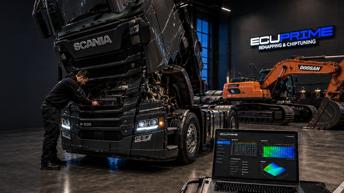 ECU-Softwarearbeit an einer Scania-Zugmaschine und einem Doosan-Bagger in der Werkstatt