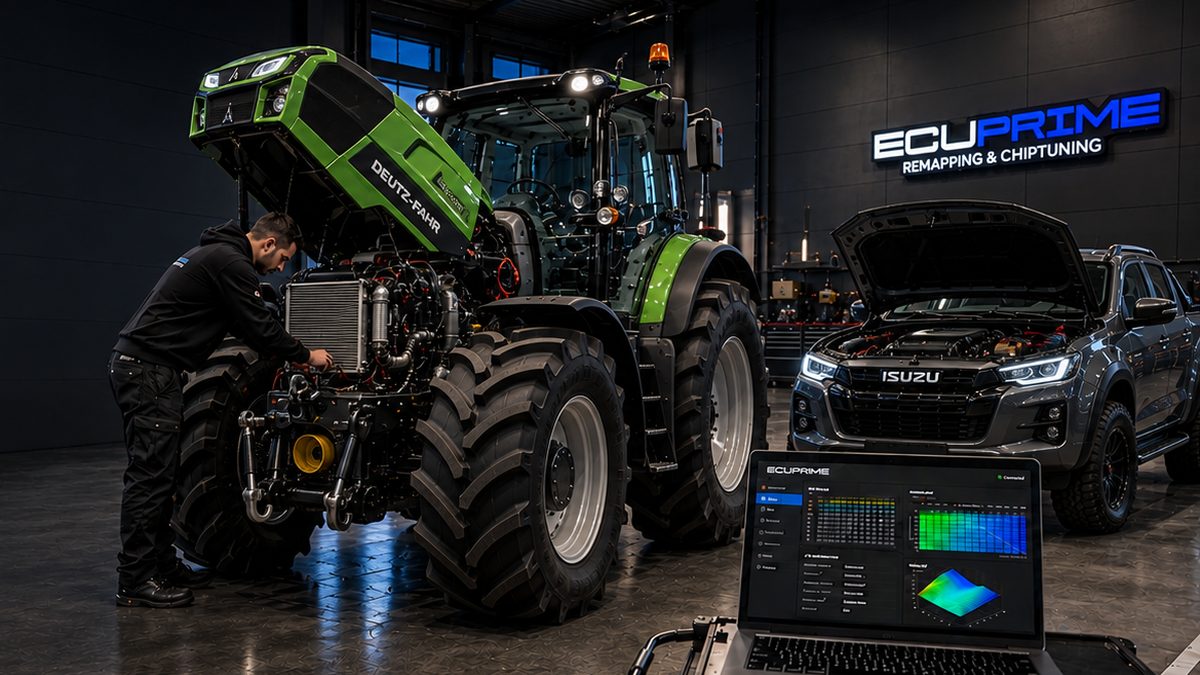 Atölyede Deutz-Fahr traktör üzerinde ECU yazılım çalışması