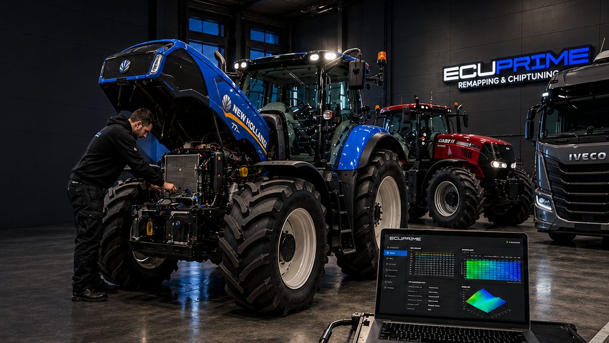 Atölyede New Holland ve Case IH traktör ile Iveco çekici üzerinde ECU yazılım çalışması