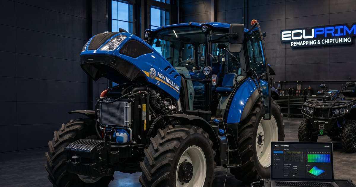 New Holland tractor in the ECU Prime workshop with the engine panel open